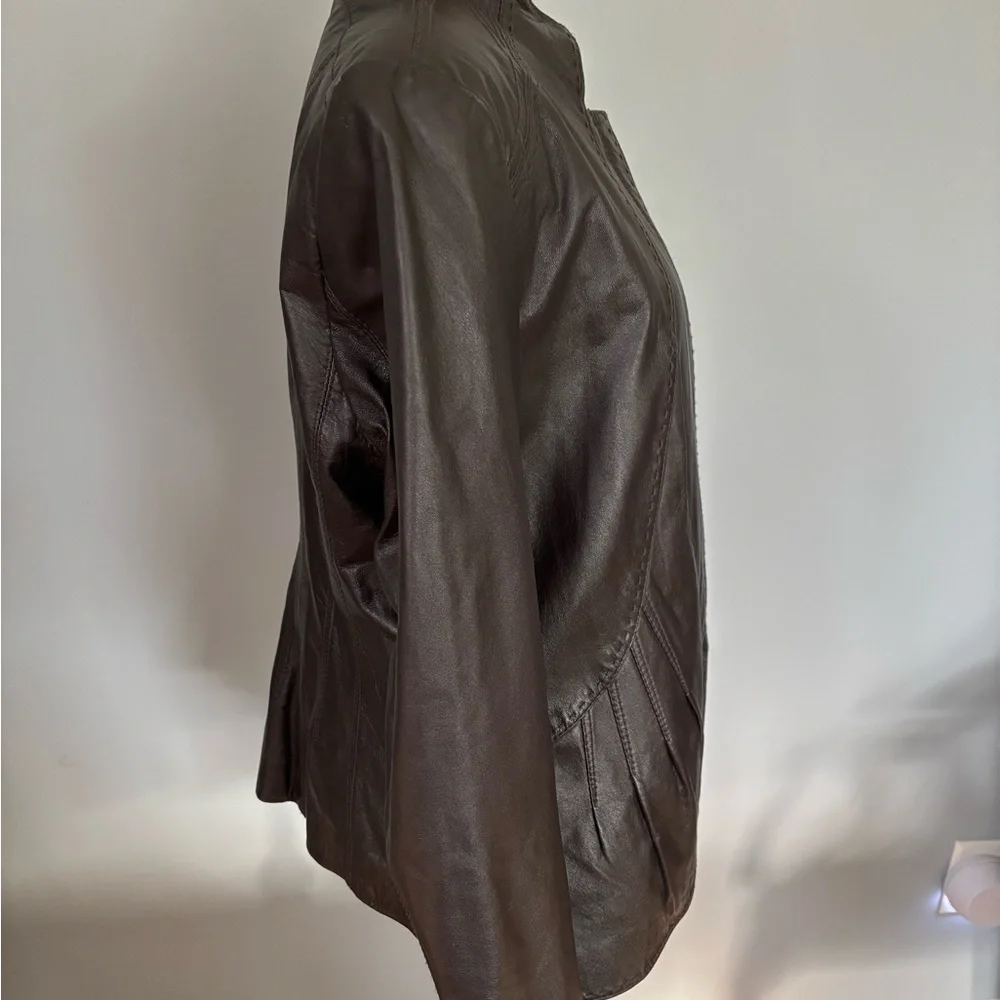 Tahari Dark Brown Collarless Leather Jacket - Picture 4 of 11